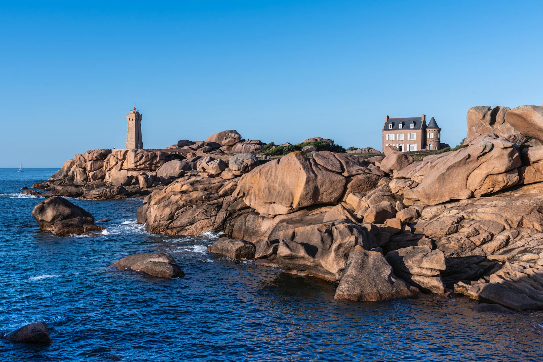 mean ruz lighthouse on the pink granite coast in brittany france